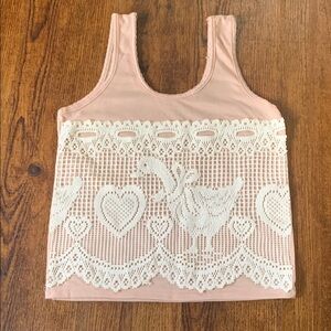 Upcycled Pink Tank Top with Patchwork Lace Swan Design